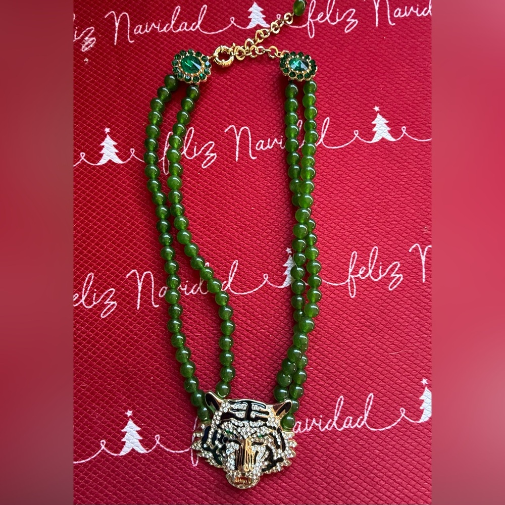 Green Beaded Necklace with Silver Accents